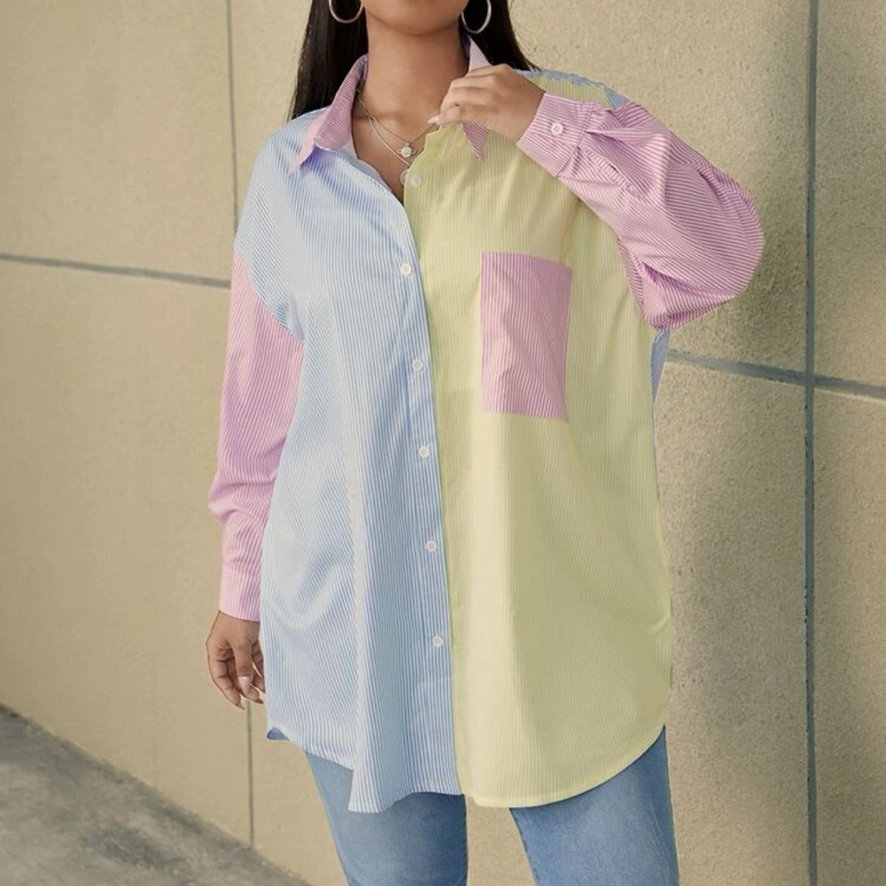 (PLUS) Color Block Button Down Top
